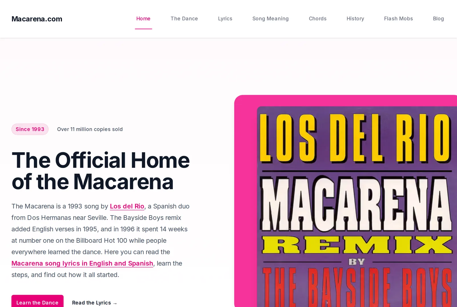 Macarena.com homepage: a white page with a large headline, introduction text and a purple record sleeve image on the right.