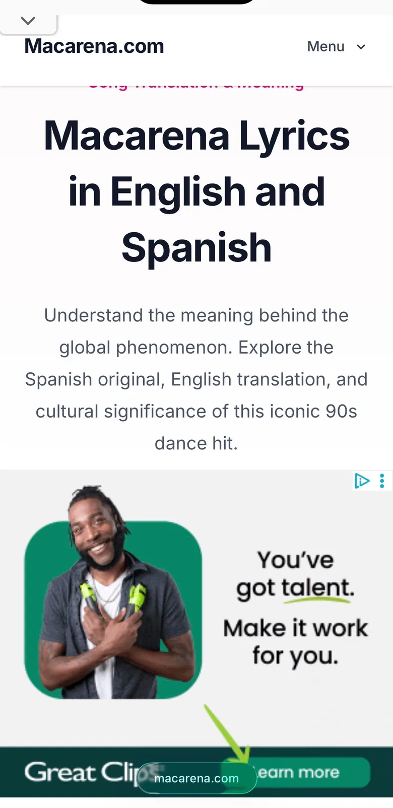 Macarena.com lyrics page on a phone, with a display ad below the introduction.