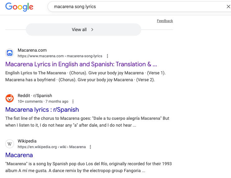 Google results for the query macarena song lyrics, with Macarena.com as the first organic result above Reddit and Wikipedia.